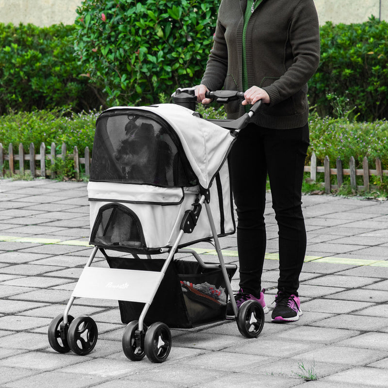 PawHut Cat Dog Carrier Cart Foldable with Storage Basket Cup Holder, Grey