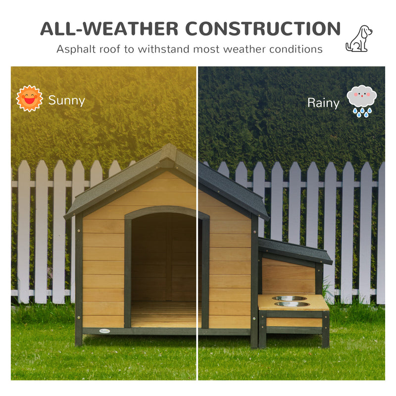 Wooden Dog House Outdoor Cabin Style, w/ Weather Resistant Roof, 2 Bowls