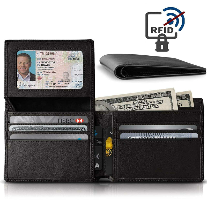 Mens RFID Blocking Bifold Wallet Soft 100% Genuine Leather with ID Window- Black