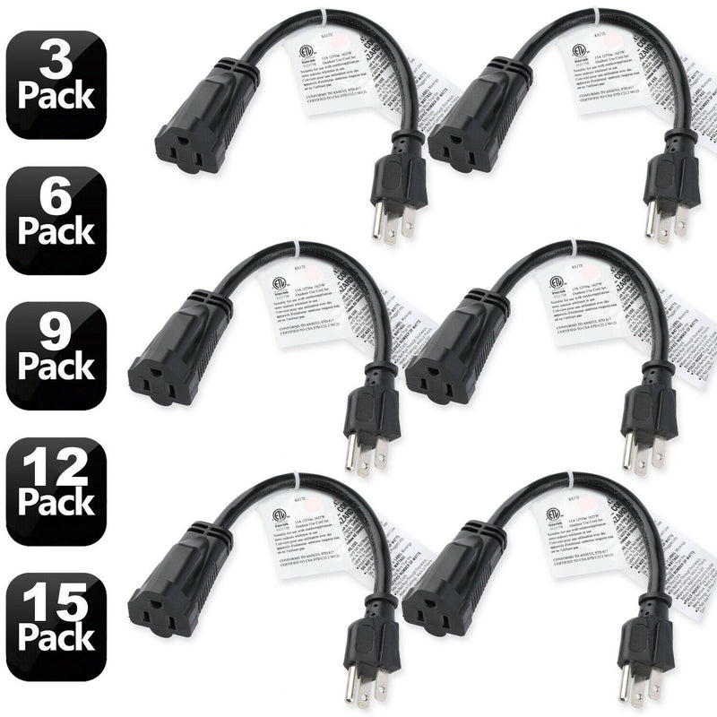 3 Prong Male Plug to Female Socket Extension Cable 18 AWG Power Cord (3-12Pack)