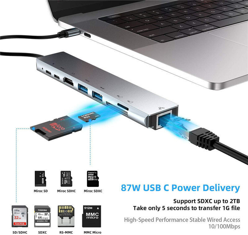 3/5/6/7/8in 1 Type C Hub to USB 3.0 HDMI PD Adapter Docking Station for MacBook