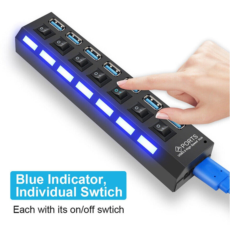 USB 3.0 Hub 7 Port Distributor with Independent Led on/Off Switch For Computer