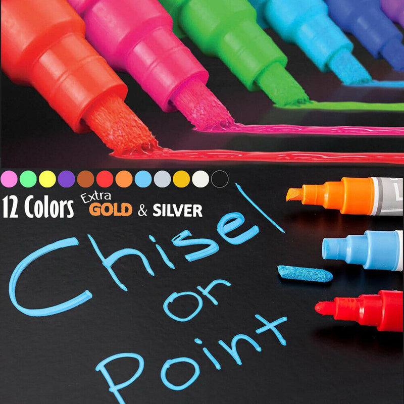 12x Erasable Liquid Chalk Window Markers&Metallic Colors Chalkboard Paint -CA