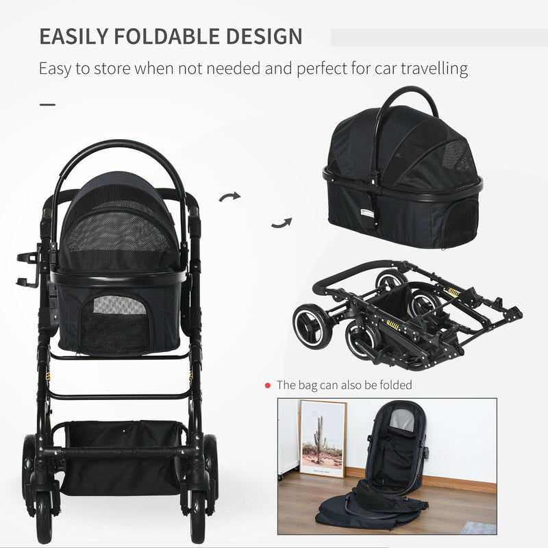 PawHut Pet Stroller Foldable Dog Travel Carriage 2-In-1 Design Carry Bag Black