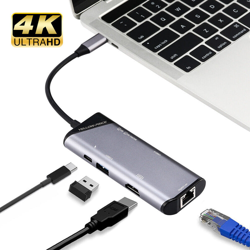 Aluminum USB-C Hub w/4K HDMI, Thunderbolt 3, USB 3, Card Reader, RJ45 Ethernet