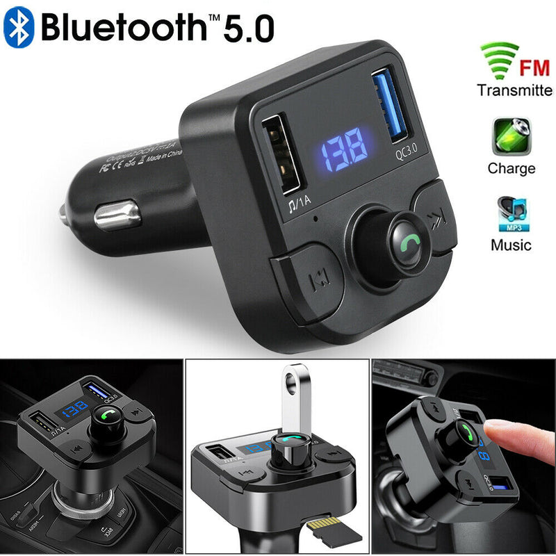 Bluetooth 5.0 FM Transmitter Hands-Free QC3.0 Car Charger,Support U Disk TF Card