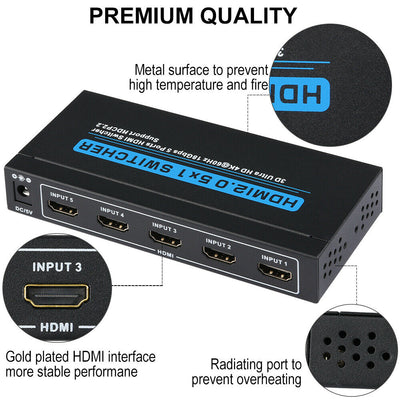 4K 60Hz 5 Port 5 x 1 HDMI 2.0 Switcher Support 18Gbps 4K x 2K 3D HDCP 2.2 HDR CA