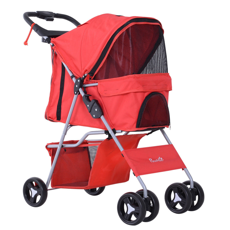 Cat Dog Carrier Cart Foldable Cup Holder with 4 Wheels Storage Basket, Red
