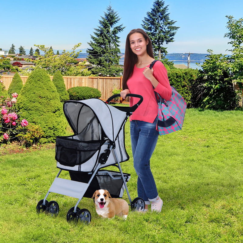 4 Wheel Pet Stroller Cat Dog Jogger Folding Sunshade Canopy Grey
