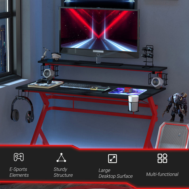 E-Sports X Bar Frame Metal PC Gamer Desk with Elevated Shelf, & Controller Rack