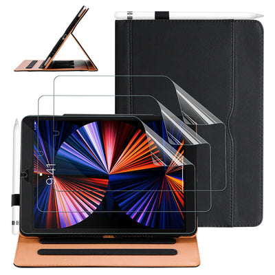 Leather Folio Smart Stand Case & Tempered Glass for iPad Pro 11 (2018 2020 2021)