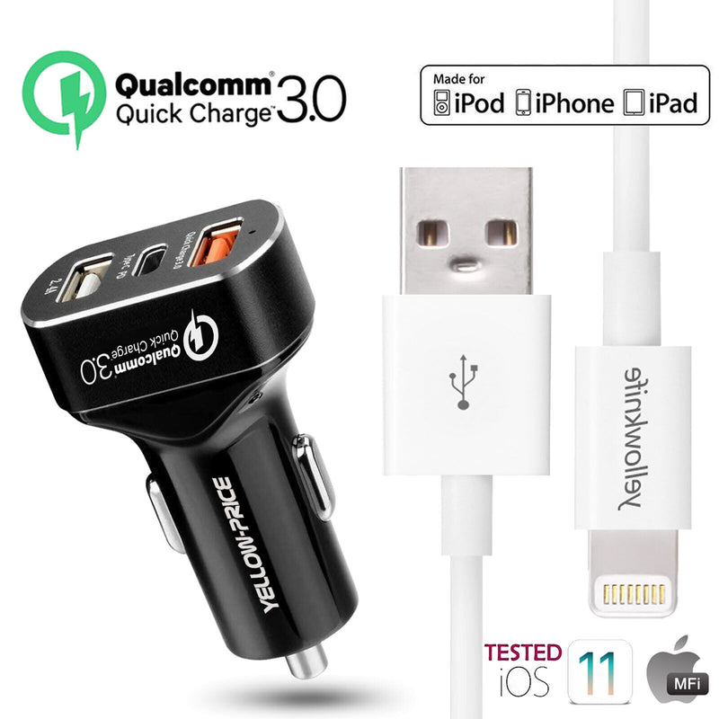 30W 8.4A 3-Port Car Charger Super Fast Charging for iPhone 11 Pro, Galaxy S20+