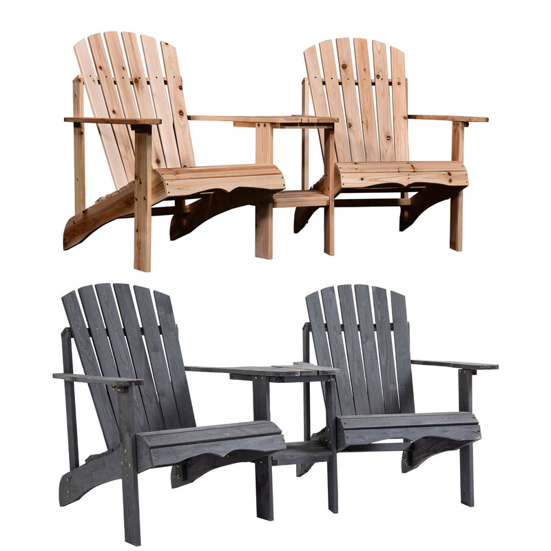 Outdoor Wood Adirondack Chair Reclined Bench w/ Coner Table & Umbrella Hole