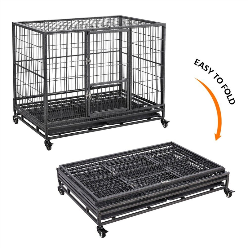 43" Large Metal Dog Crate Folding Kennel Heavy Duty Cage w/ Wheels & Tray Black