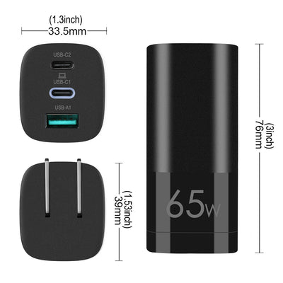 YELLOW-PRICE PD 3.0 USB C Charger 65W [GaN Power Tech] w/ Dynamic Detect, 3-Port