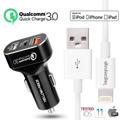 3-Port USB Car Charger Adapter QC 3.0 Fast Charging (Dual USB-A + USB-C Port)