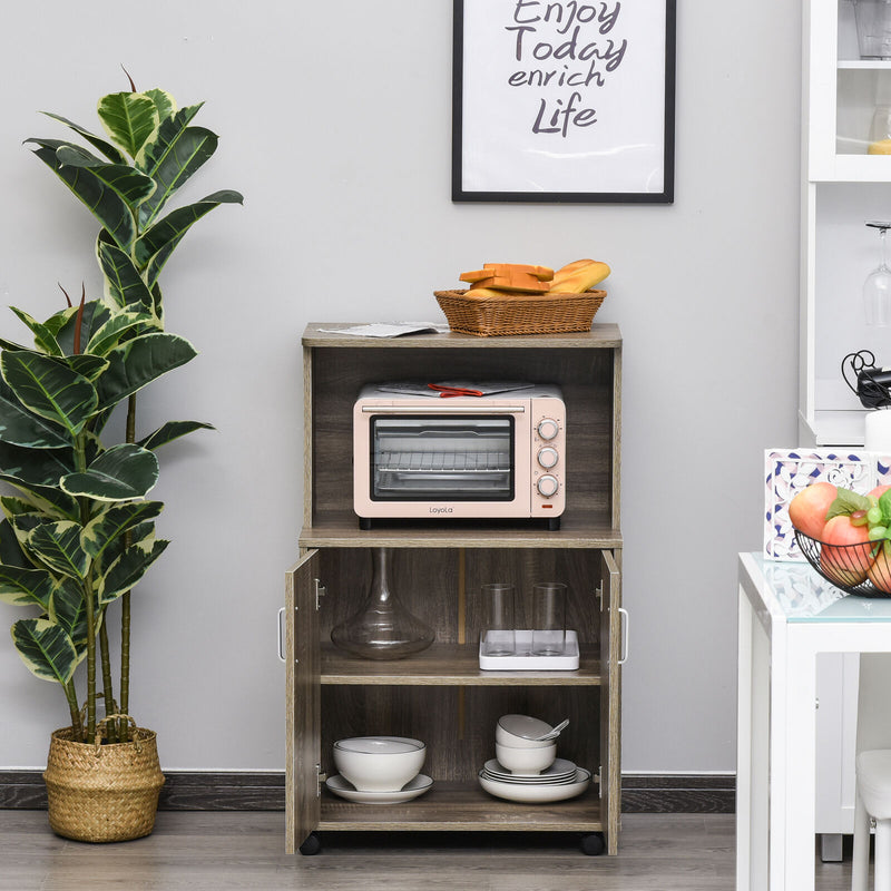 Wooden Microwave Cart on Wheels Storage Shelf 2-door Cabinet Trolley Grey