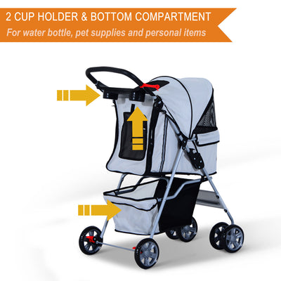 4 Wheel Pet Stroller Cat Dog Jogger Folding Sunshade Canopy Grey