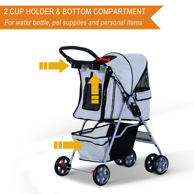 4 Wheel Pet Stroller Cat Dog Jogger Folding Sunshade Canopy Grey