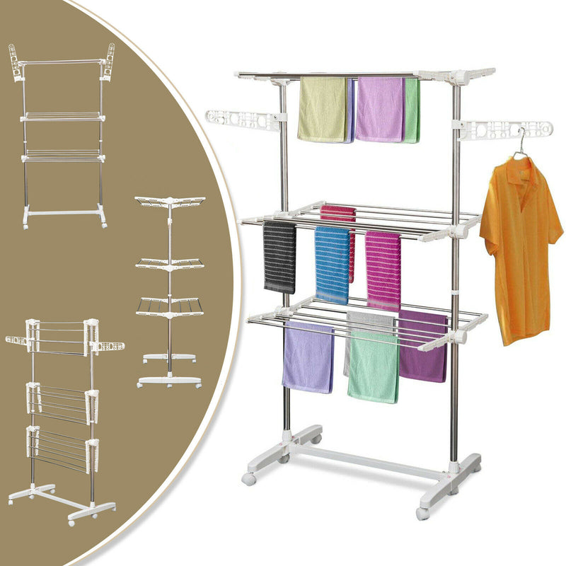 3 Tier Clothes Drying Rack Rolling Laundry Hanger Stand Indoor Outdoor