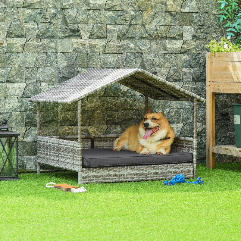 Elevated Wicker Dog House, Raised Rattan Pet Bed Cabana w/ Cushion, Canopy, Grey 196393070789