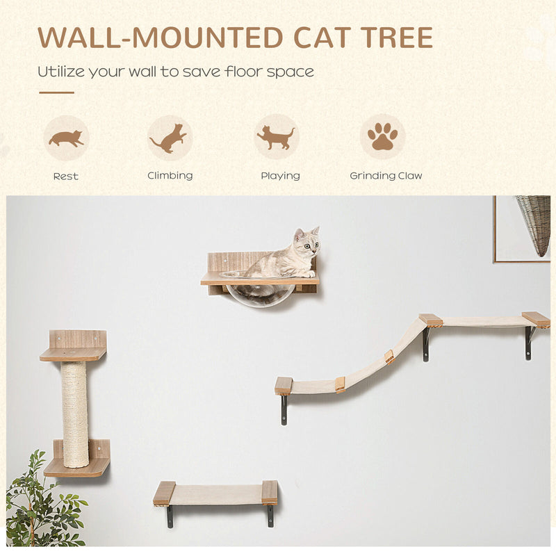 Cat Tree 4pc Pet Mounted Shelf Set, Feed Bowl, Climbing Hammock, Shelves, Beige 196393066652