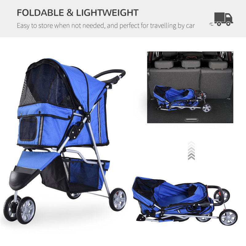 3 Wheels Folding Dog Pet Stroller Travel Carrier W/ Brake & Canopy