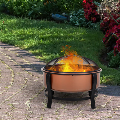 30" Steel Round Patio Fire Pit Wood Log Burning Deep Basin, w/ Poker, Grate