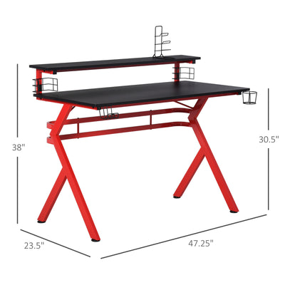 E-Sports X Bar Frame Metal PC Gamer Desk with Elevated Shelf, & Controller Rack