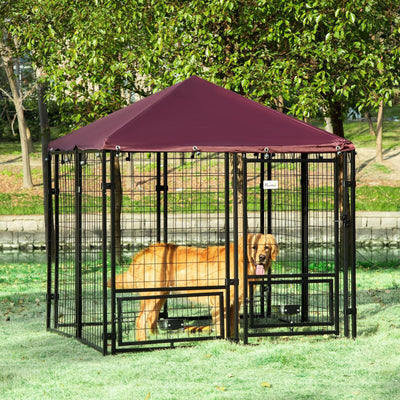 Dog House Kennel Outdoor, w/ Oxford Roof, w/ Secure Lock, Rotating Bowl Holders