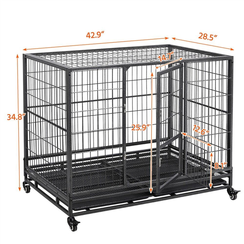 43" Large Metal Dog Crate Folding Kennel Heavy Duty Cage w/ Wheels & Tray Black