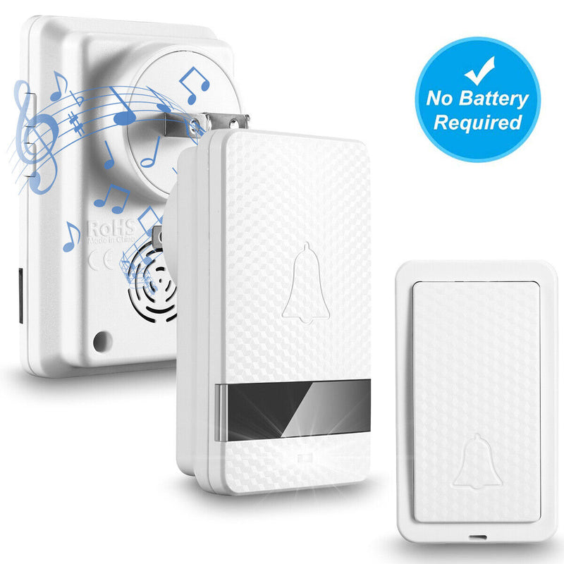 Wireless Doorbell Battery Free Operated 1 Remote Button+2 Plug in Receiver White