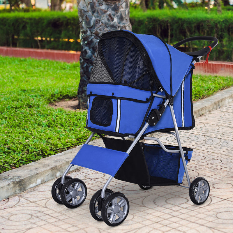 4 Wheel Pet Stroller Cat Dog Jogger Folding Sunshade Canopy Blue