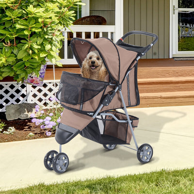 Folding Dog Stroller 3 Wheels Carrier with Brake and Canopy Coffee