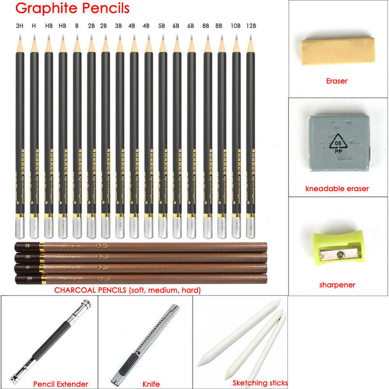 Drawing / Sketch Pencils Set (29-PCS Kit) Includes Erasers, Sharpener, Charcoals