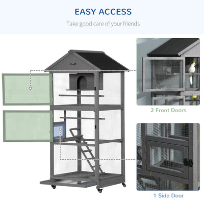 Bird Cage Mobile Wooden Aviary House with Wheel Perch Nest Ladder Tray