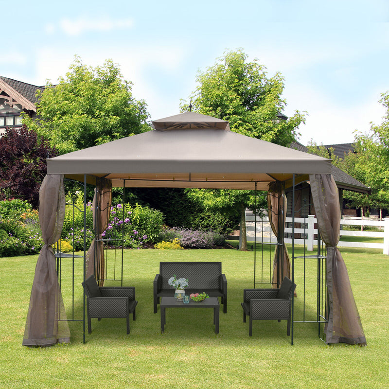 Gazebo 10&apos; x 10&apos; Steel Outdoor Garden Gazebo with Mesh Curtains - Brown