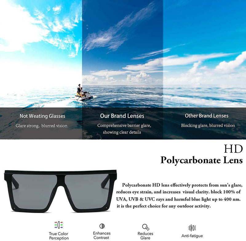 Fashion Oversized Flat Top Shield Sunglasses Square Rimless with HD Lenses& Case