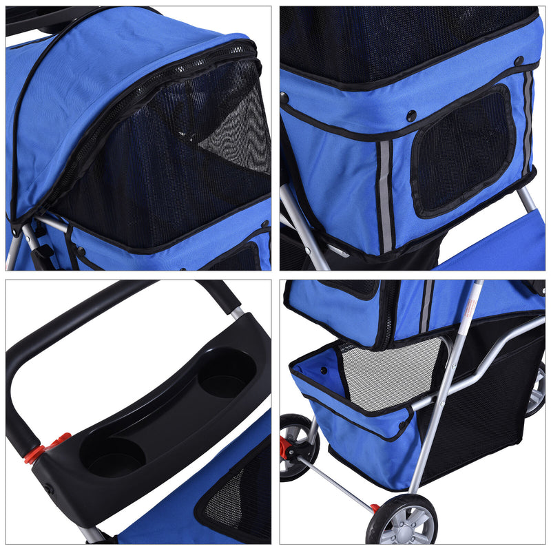 4 Wheel Pet Stroller Cat Dog Jogger Folding Sunshade Canopy Blue