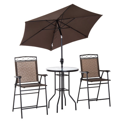 4pc Outdoor Patio Dining Set Furniture, 2 Folding Chairs, Table, Umbrella, Brown