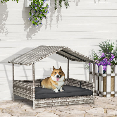 Elevated Wicker Dog House, Raised Rattan Pet Bed Cabana w/ Cushion, Canopy, Grey 196393070789