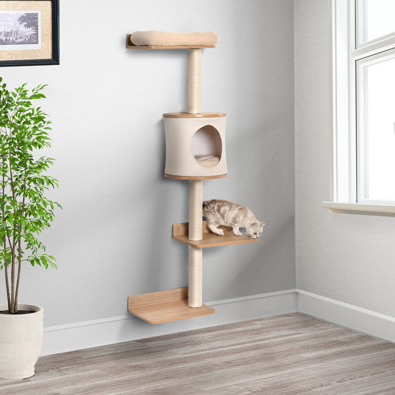 4-Level Wall Mounted Cat Tree Activity Play Center w/ Condo Bed Scratching Posts 196393066645