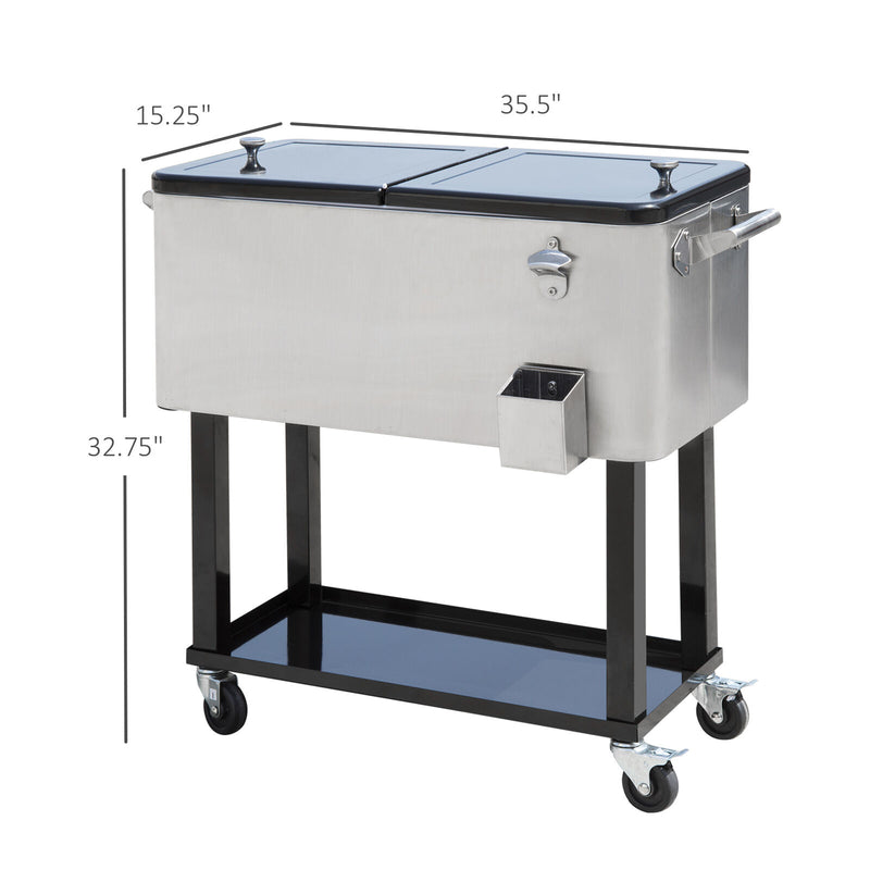80qt Patio Portable Rolling Cooler Cart Stainless Steel Outdoor Ice Beer Chest