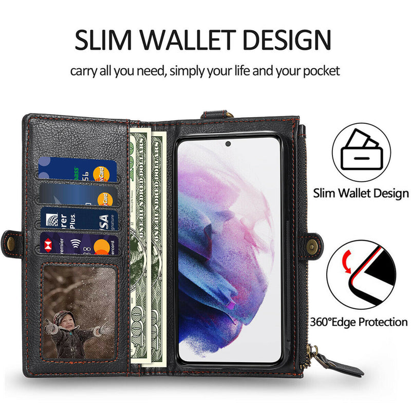 For Samsung Galaxy S21 Plus 6.7" Vintage PU Leather Wallet Case w/Zipper Pocket