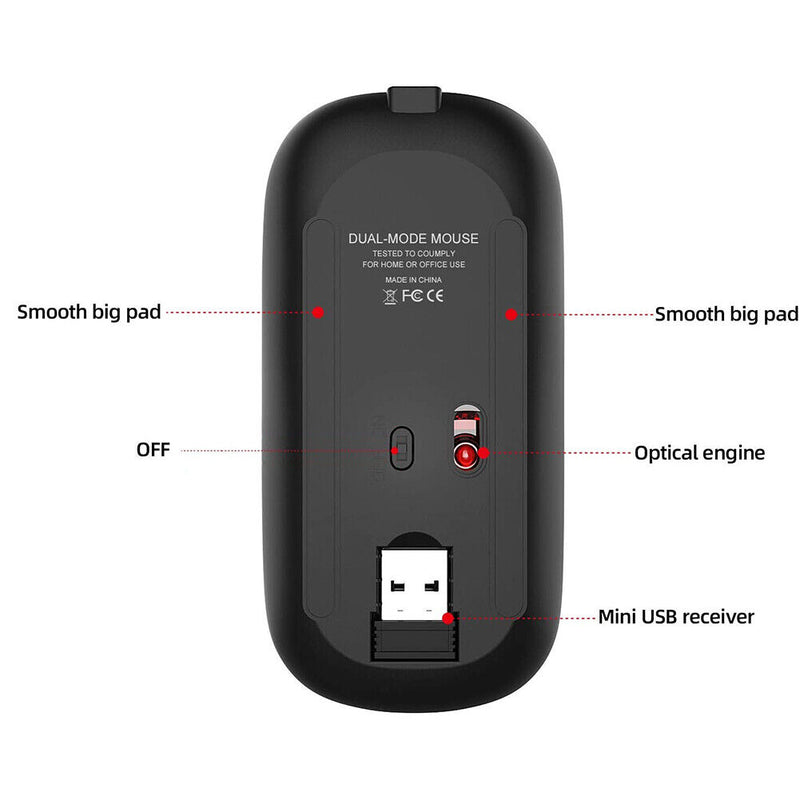 1600DPI Quiet Click Wireless Mouse, Bluetooth 5.0 / 2.4 GHz w/ USB Mini-Receiver