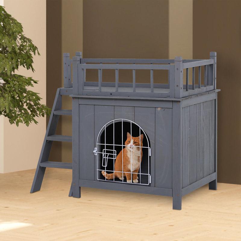 PawHut 2-Story Indoor/Outdoor Wood Cat Dog House Shelter 842525146685