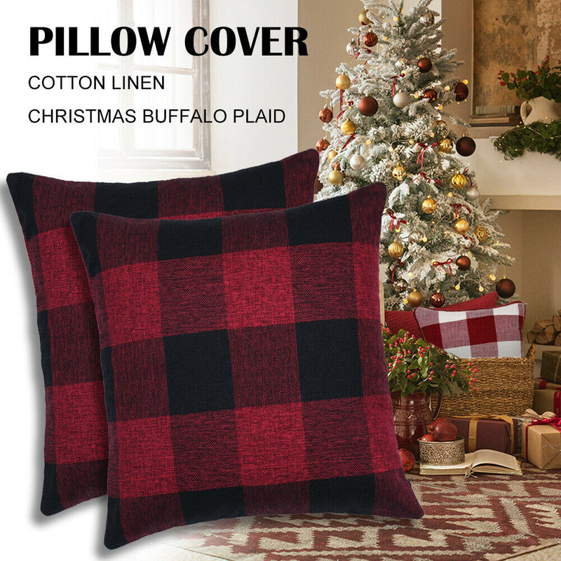 Set of 2 Christmas Check Plaid Throw Pillow Covers for Farmhouse Home Decor CA