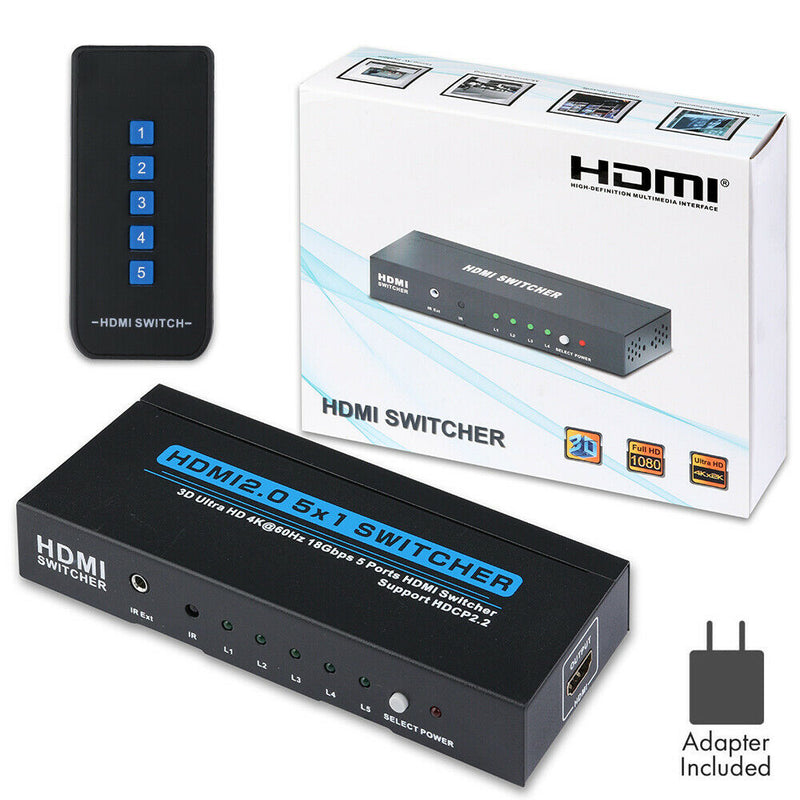[Plug & Play] 5 In 1 Out HDMI Switcher with IR Remote Support 4K 60hz, 2K, 1080P