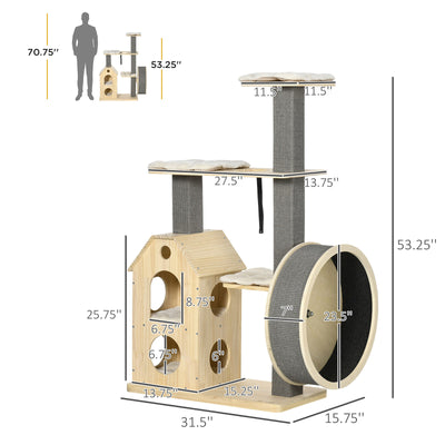 Cat Tree Activity Center w/ Sisal Scratching Post, Running Wheel, Kitten Bed