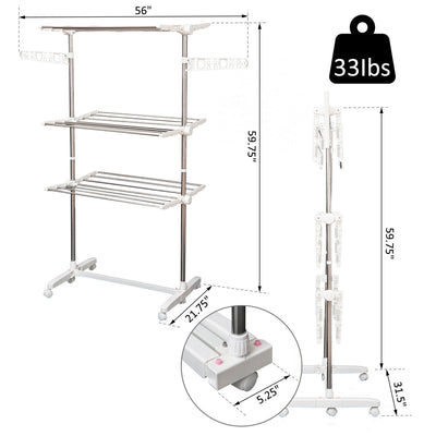 3 Tier Clothes Drying Rack Rolling Laundry Hanger Stand Indoor Outdoor